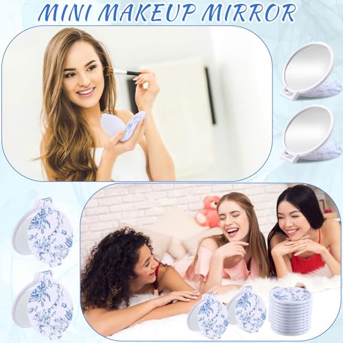 Blue Floral Mini Compact Mirrors Bulk 12 Pcs for Bridesmaid Gifts & Bridal Party