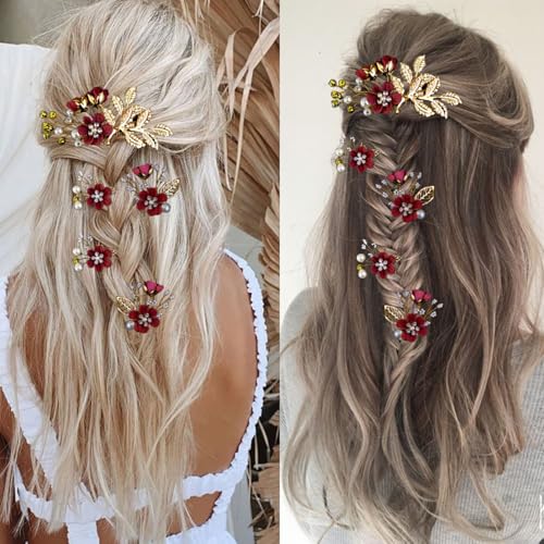 LAPOHI 5 Pcs Bridal Wedding Hair Pins Crystal Pearl Flower & Burgundy Headpiece