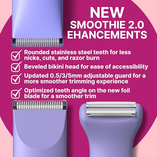 HAPPY CURVES Smoothie 2.0 Bikini Trimmer - Electric Razor for Women, Waterproof Hair Groomer with Adjustable Guards, Personal Shaver for Pubic Hair, Ladies Intimate Shaver and Body Trimmer (Berry)
