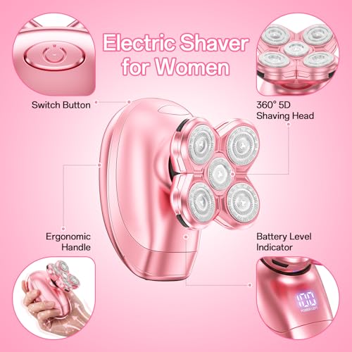 Electric Razors for Women, 5-in-1 Rechargeable Electric Shaver for Women, Waterproof Wet/Dry Womens Electric Razor, Magnetic Razor Head Womens Face Shavers for Legs, Arms, Bikini, Lips, Underarms
