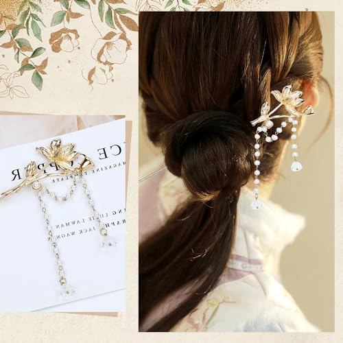 Lawie 10 Pack Retro Gold Metal Hair Sticks with Pearl Dangles