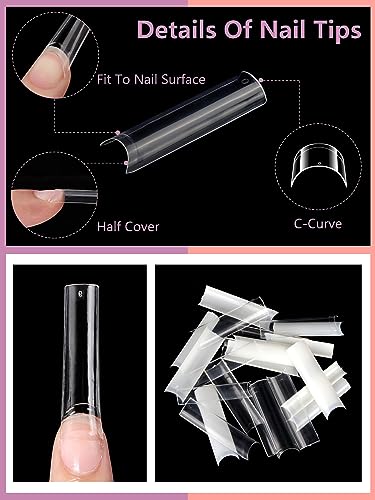 Deciniee 480Pcs Natural & Clear Square Nail Tips Kit with Glue - Extra Long C Curve, 12 Sizes, Half Cover, DIY & Salon Use