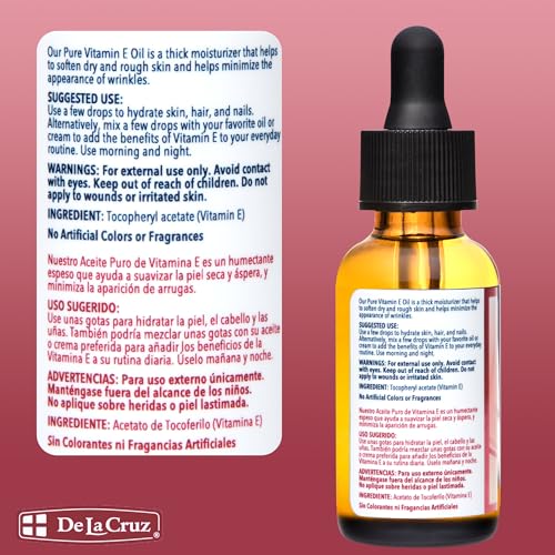 De La Cruz Vitamin E Oil for Face & Skin - 28,000 IU, No Preservatives, Vegan, Made in USA
