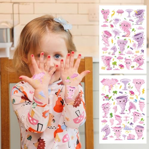 Pink Tornado Temporary Tattoos for Kids - 6 Sheets, Waterproof & Safe Party Favors