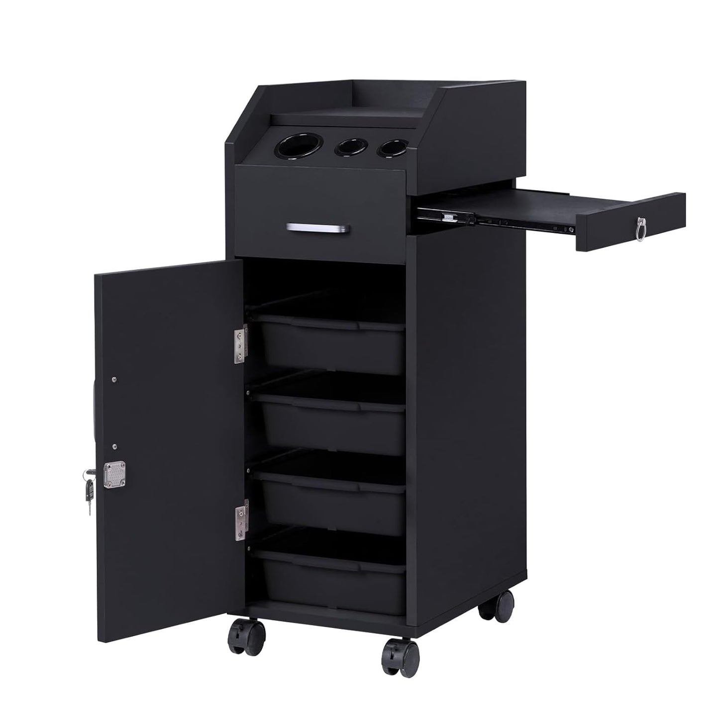 Hair Salon Storage Cart - Mobile Makeup Case with Wheels, 3 Hair Dryer Holders & 4 Drawers | Black Utility Trolley