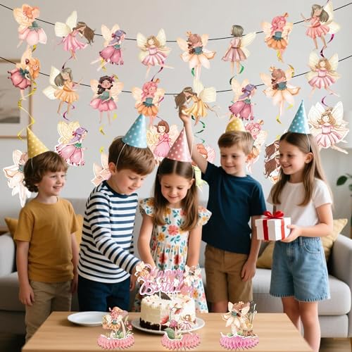Fairy Birthday Party Decorations Set - 14 Pcs Banners, Swirls & Cake Topper