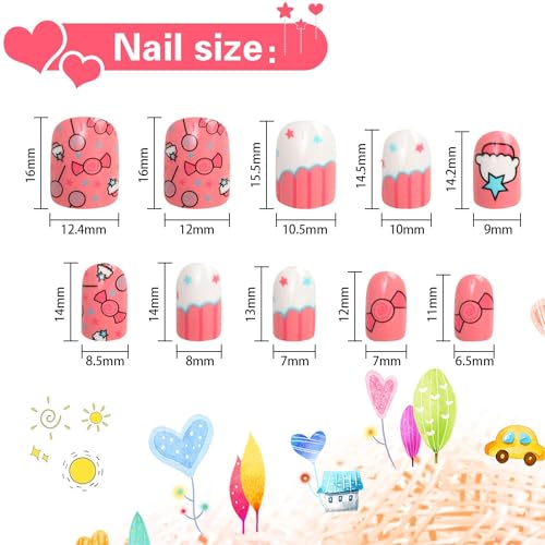 JANYUN 96 Pcs Kids Fake Nails - Short Acrylic Nail Art Set