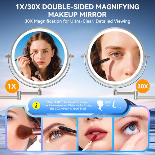 5000mAh Rechargeable Wall Mounted Lighted Makeup Mirror, 9'' 30X/1X Double-Sided Magnifying Mirror with Light, Bathroom Mirror Touch Dimmable 3 Colors 360¡Æ Rotation Extended Arm, Power Adapter