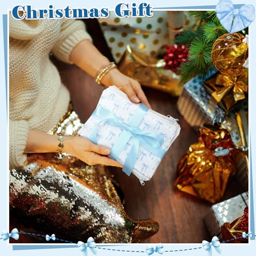10 Pcs Coquette Bow Makeup Bags, Blue Canvas Cosmetic Travel Pouch Set