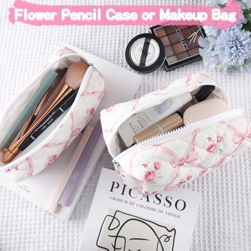 Bow Floral Cotton Quilted Makeup & Pencil Bag Set - Travel Organizer, Cosmetic & Skincare Storage