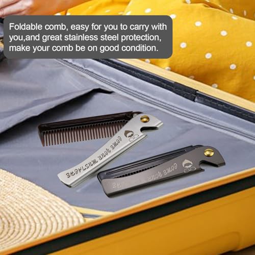 Foldable Stainless Steel 2-in-1 Pocket Comb & Bottle Opener - Travel Grooming Kit for Men, 2 Pack