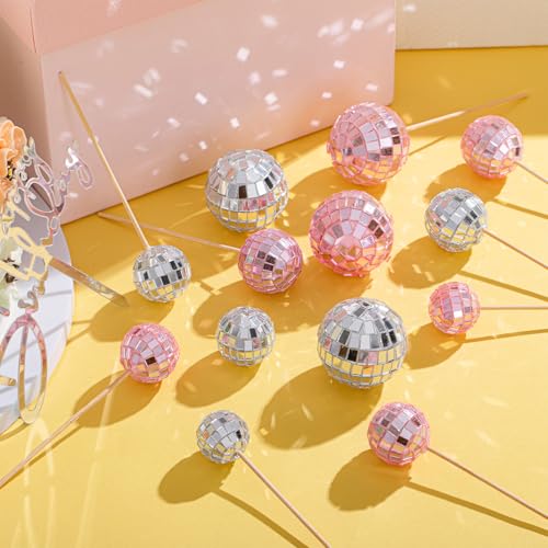 Disco Ball Cupcake Toppers - 24 Pcs Pink & Silver Party Decor
