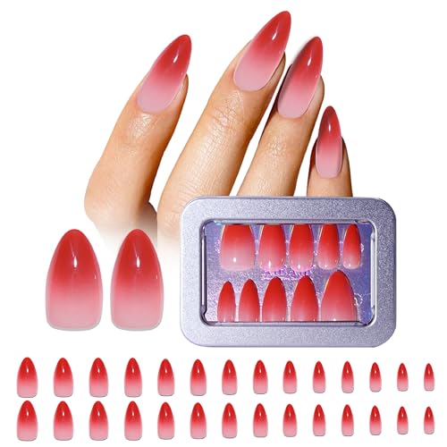 AJEAJE Red Ombre Press-On Nails 30 Pcs Full Cover with Glue Box Kit (Medium) – Easy Apply