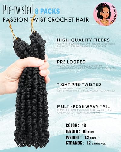 Youjare 10 Inch Passion Twist Crochet Hair Extensions - 8 Packs, 1B, Pre-Looped, Boho Protective Style