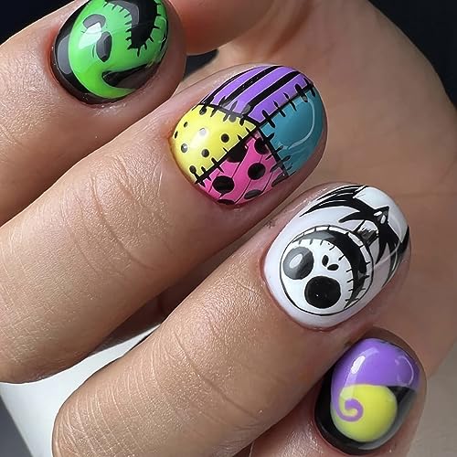 OFDNE Halloween Kit-2 Press on Nails Set - 144 Short Square Fake Nails with 6 Styles & Designs for Women & Girls