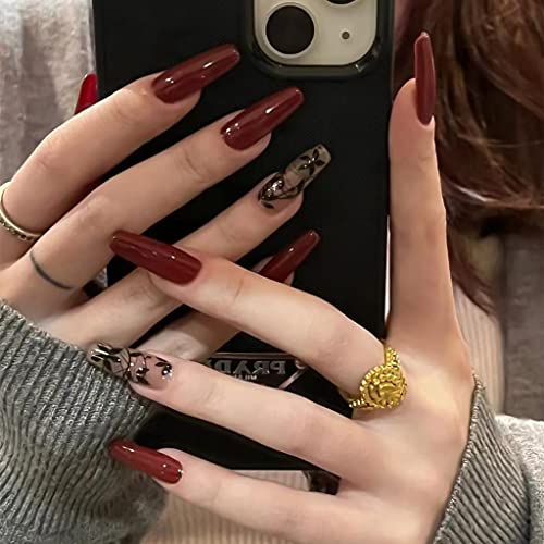 RikView Red Coffin Acrylic Fake Nails - Fall Design, Full Cover, 24 pcs