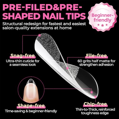 UNA GELLA Short Almond Nail Tips: 504PCS Short Fake Nails Soft Press On Gel Nail Tips Pre Shaped Almond Shape Home Nail Extension Full Cover, 12 Sizes Acrylic Gelly Tips