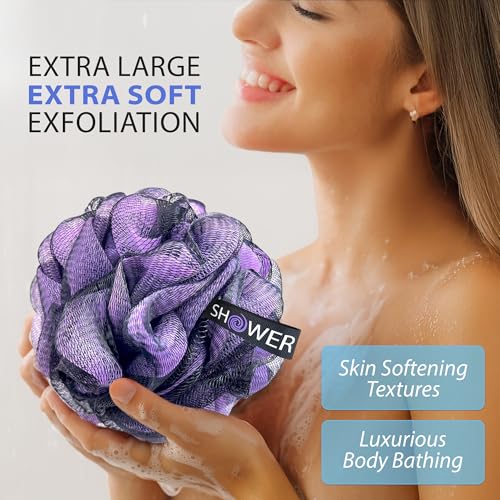 SHOWER BOUQUET Loofah-Charcoal Bath-Sponge XL-Color-4-Pack // Extra Large 75g Soft Mesh Black Luffa Loofa Loufa Puff Set/Exfoliating Body Scrubber for Women and Men - Exfoliate & Soothe Face & Body