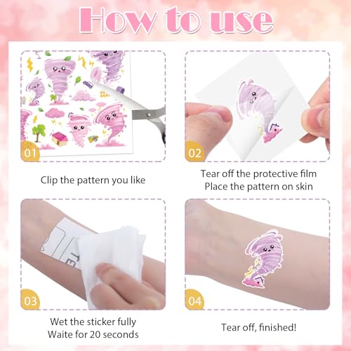 Pink Tornado Temporary Tattoos for Kids - 6 Sheets, Waterproof & Safe Party Favors