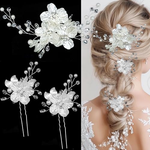 Supgoodom Glitter Emboss White Flower Bridal Hair Clips & Pins Set - Crystal Pearl Wedding Accessories