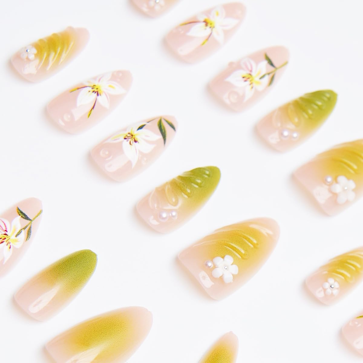 30Pcs Summer Press on Nails Almond Medium Fake Nails Lily Flower False Nails with Designs Glossy Reusable Acrylic False Nails Green Gradient Stick on Nails Cute Floral Artificial Nails Set for Women