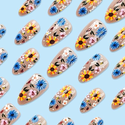 Dulyork 24 Pcs Medium Almond Flower Press On Nails - Spring Floral Designs