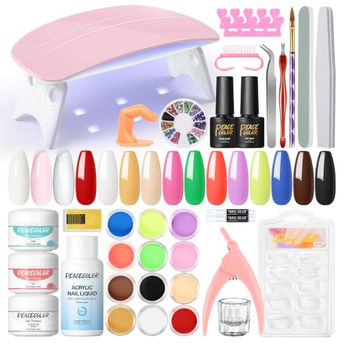 PEACECOLOR Acrylic Nail Kit with UV Lamp, Powder, Glitter & Tools