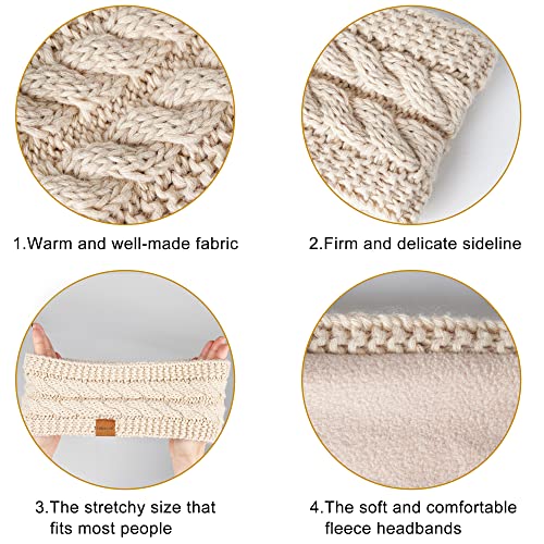 Winter Headbands for Women - Wool Ear Warmers (Black + Beige) - Thick & Fleece Lined