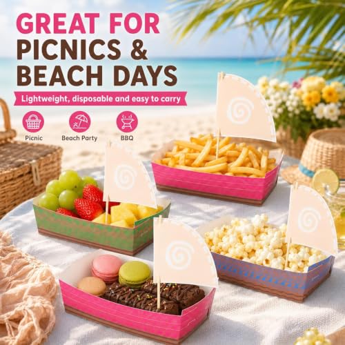 24pcs Hawaiian Party Supplies - Disposable Boat Plates with Bamboo Sticks & Flags