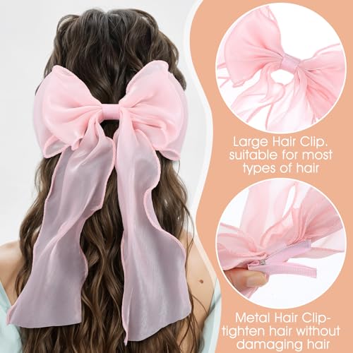 Large Pink Bow Hair Clip with Long Ribbon Tail for Women & Girls