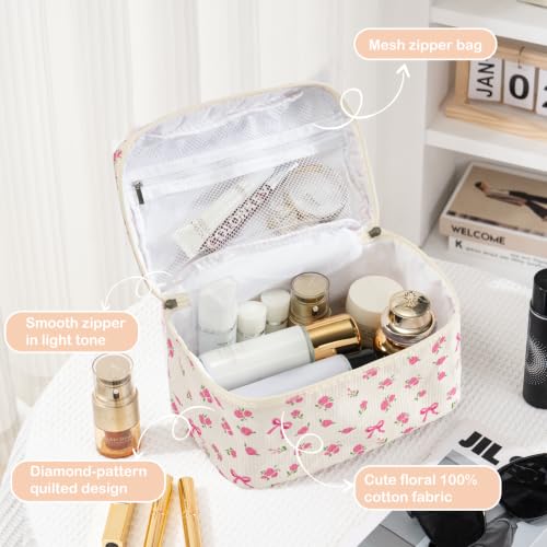 Large Quilted Makeup Bag for Women Travel Cosmetic Organizer Beige Rose