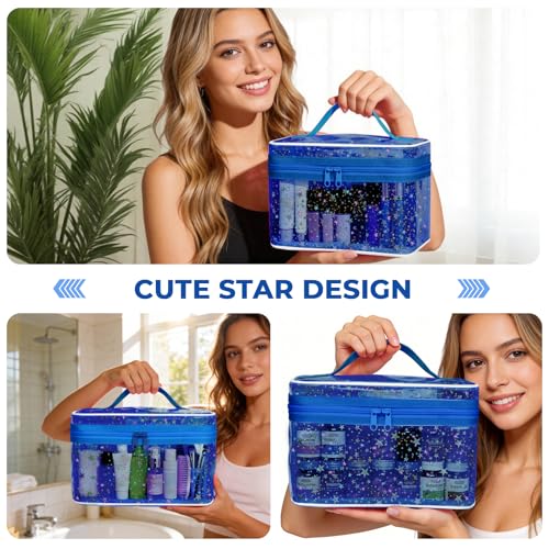 Junesters Dark Blue Clear Waterproof Makeup Bag - Travel Toiletry Organizer