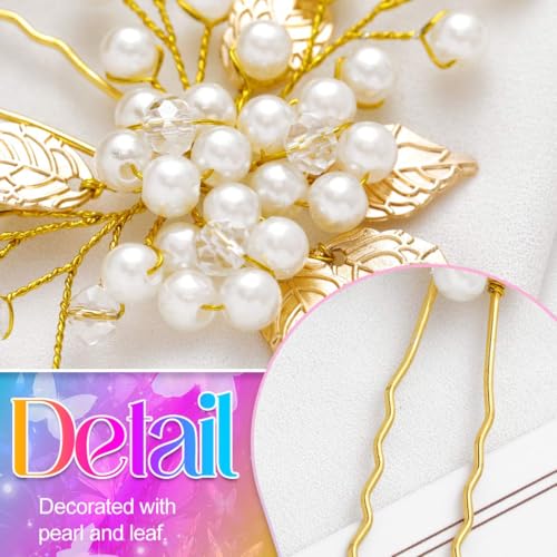 Heread Pearl Bridal Hair Pins Leaf Design Gold 3-Pack for Wedding & Special Occasions