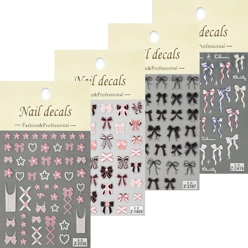 Christmas 07 - 4 Sheets Bow Nail Art Stickers 5D Floral & Heart Decals