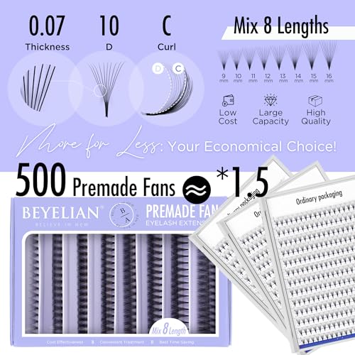BEYELIAN 10D Premade Volume Eyelash Extensions, 500 Loose Fans, C Curl
