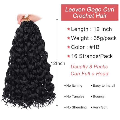 Leeven Gogo Curl Crochet Hair 12 Inch 8 Packs - Black Ocean Wave Synthetic Braiding Extensions