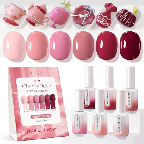 Double Rhythm Nude Rose Burgundy Gel Polish Set - 6 Non-Toxic, Hema-Free Nail Art Kit