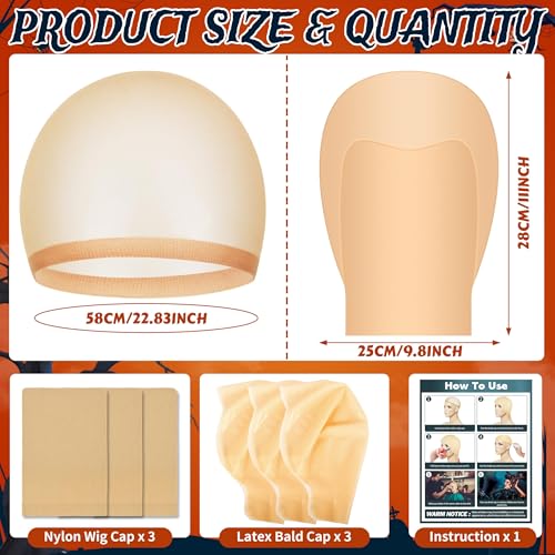 6-Piece Halloween Bald Cap Set - Latex Bald Caps & Nylon Wig Caps