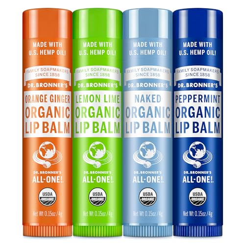 Dr. Bronner's Organic Lip Balm Variety Pack - Peppermint, Orange Ginger, Lemon Lime (0.15 oz, Pack of 4)