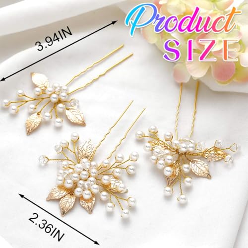 Heread Pearl Bridal Hair Pins Leaf Design Gold 3-Pack for Wedding & Special Occasions