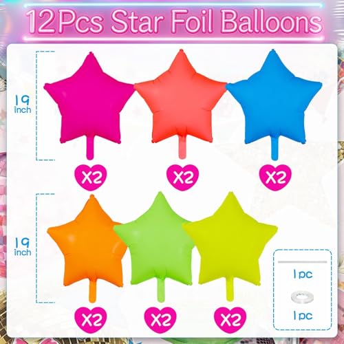 Rainbow Star Foil Balloons Set – 12 Pcs 19 Inch Neon Colors for Parties