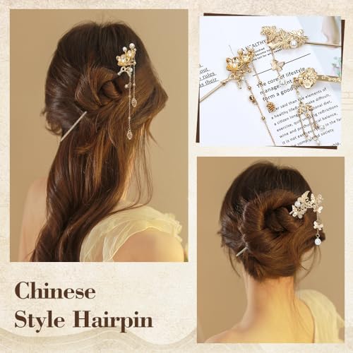 Lawie 10 Pack Retro Gold Metal Hair Sticks with Pearl Dangles