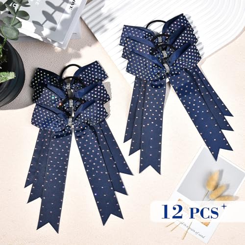 DEEKA 12-Pack Collegiate Cheer Bows - Navy Grosgrain with Rhinestones