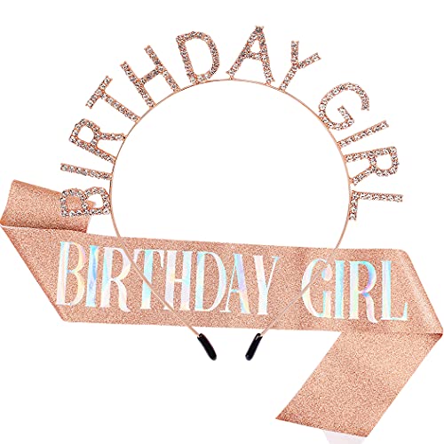 AOPRIE Rose Gold Birthday Tiara Crown & Sash Set for Women