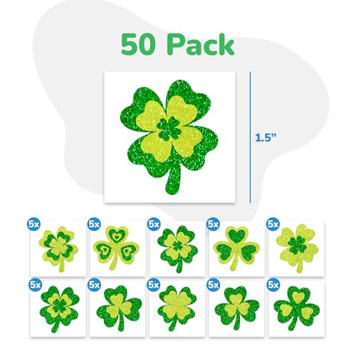 St. Patrick’s Day Glitter Shamrock Temporary Tattoos - Pack of 50, Non-Toxic Irish Party Favors