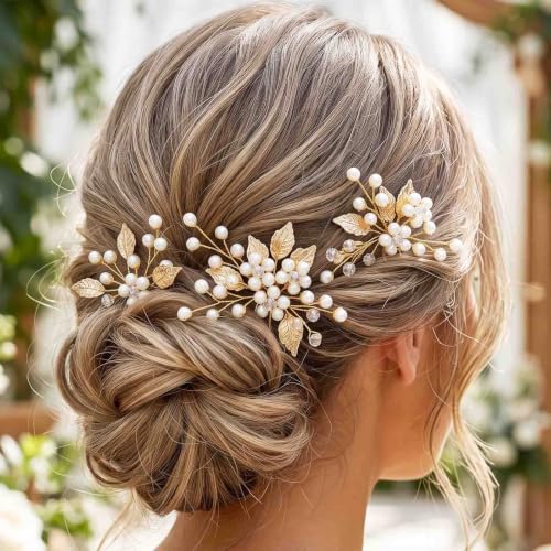 Heread Pearl Bridal Hair Pins Leaf Design Gold 3-Pack for Wedding & Special Occasions