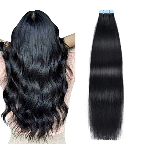 12 Inch Tape In Hair Extensions - SUYYA Remy Human Hair #1 Jet Black