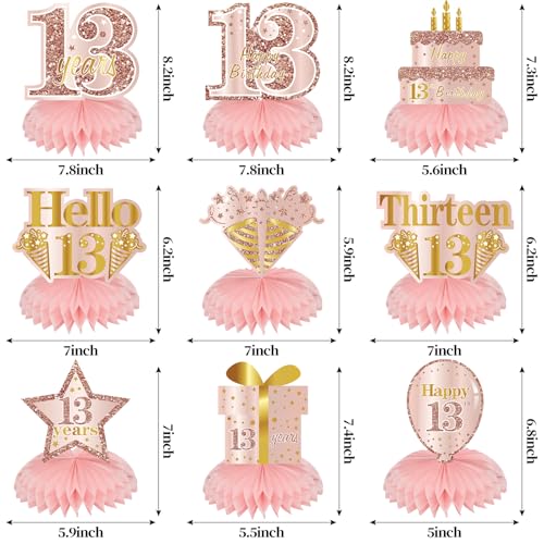 Pink Rose Gold 13th Birthday Honeycomb Centerpieces - 9 Pcs