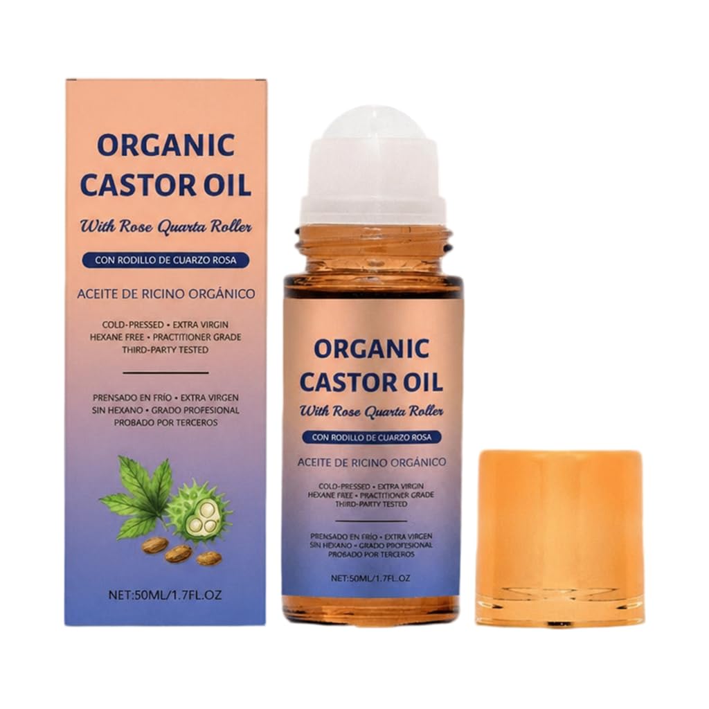 UNME SOULMA Castor Oil with Rose Quartz Roller Ball, Cold Pressed Castor Oil Roll On for Hair, Skin, Face, Scalp, Brows & Lashes, Deep Hydration & Anti-Aging, Travel Size 1.7 Fl Oz
