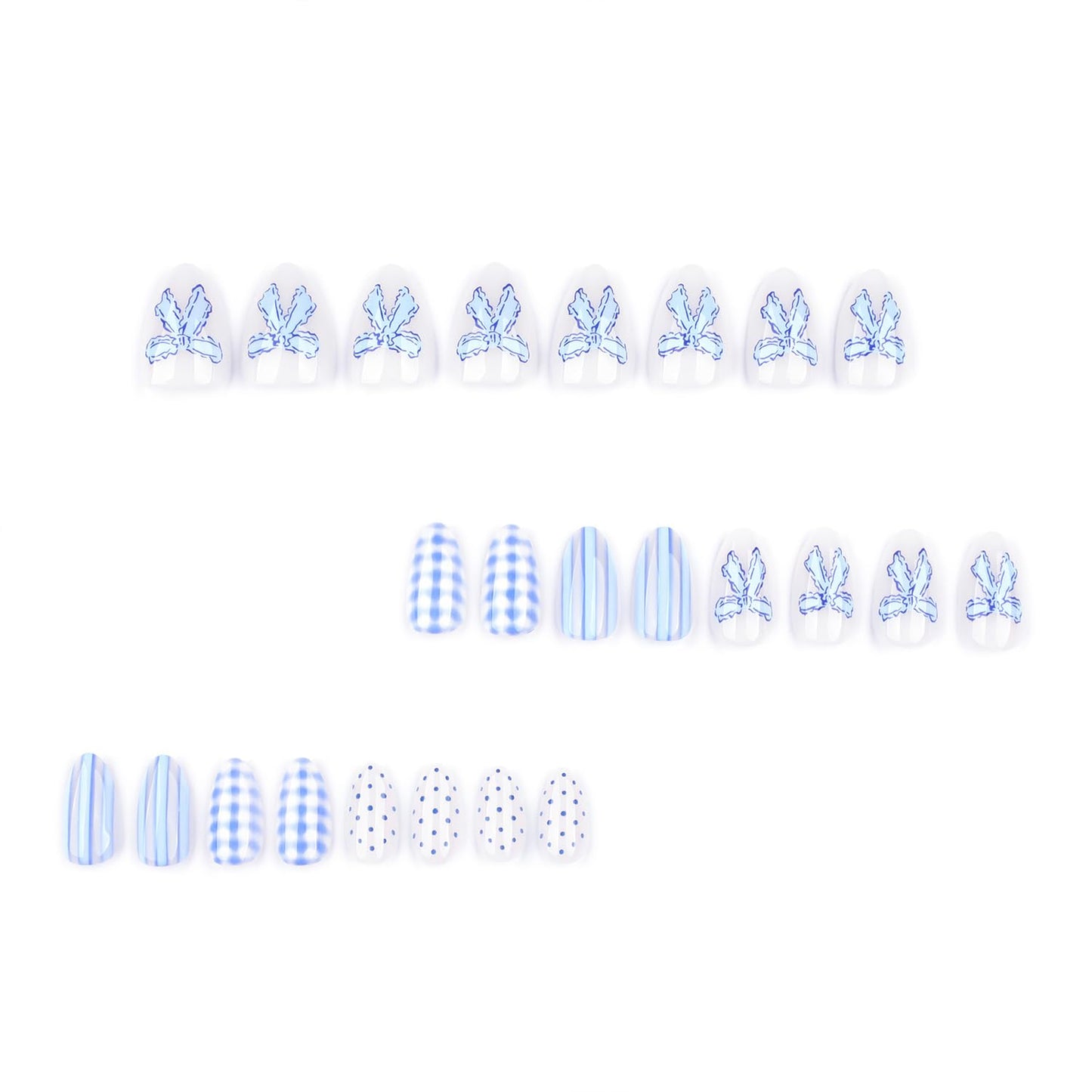 Polka Dot Press-On Nails - Short Almond Acrylic Design with Bow & Plaid Stripes | Blue Summer Reusable Full Cover